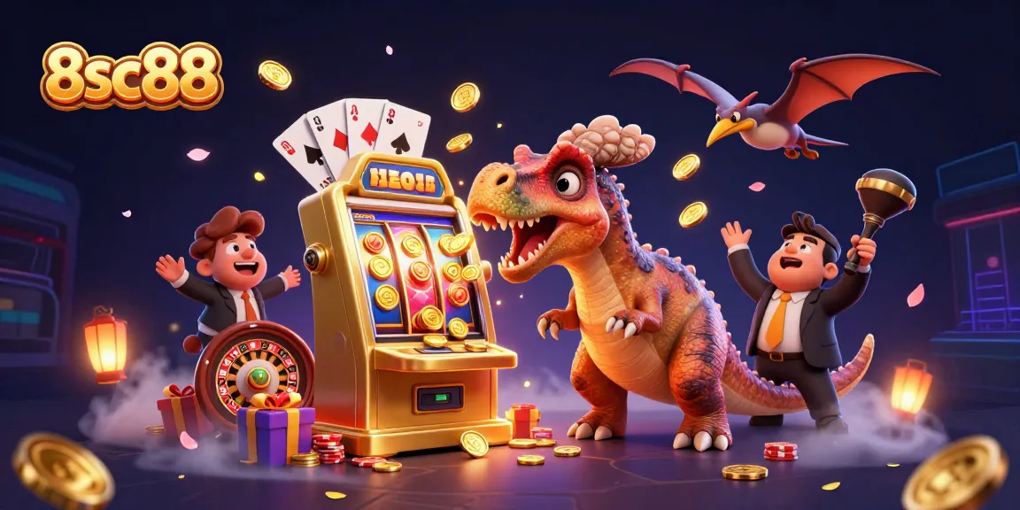 8sc88 players enjoy thrilling wins as a dinosaur interacts with a golden slot machine for jackpot coins.