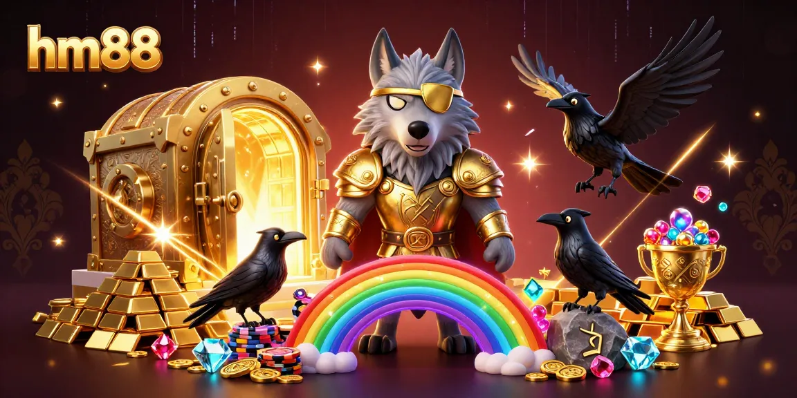 Experience the magic of hm88 with an enchanting illustration showcasing a casino bridge and mythical figures.