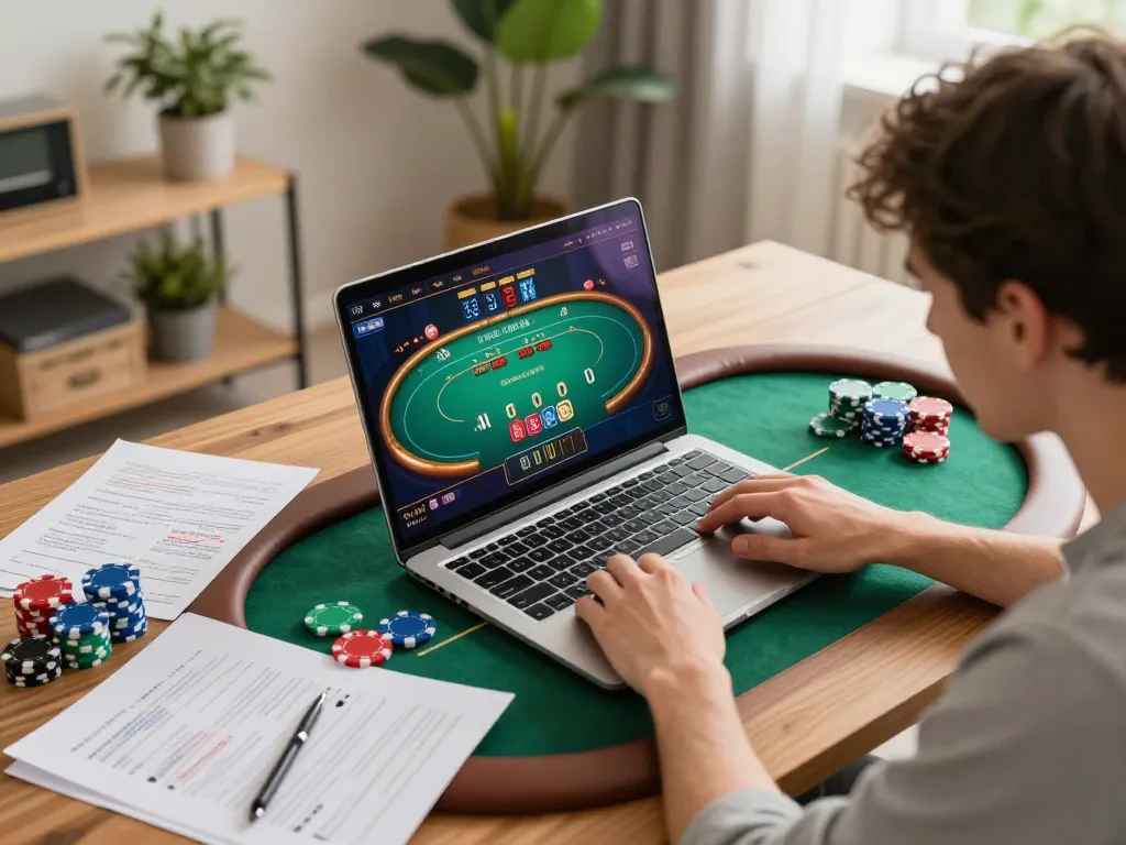 Sunwin player strategizing poker game online from a cozy home office.