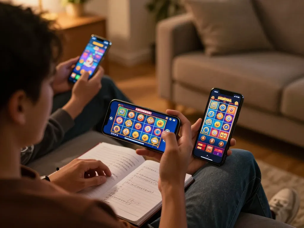Engaged players enjoying UGDEWA's online slots on smartphones in a cozy home setting