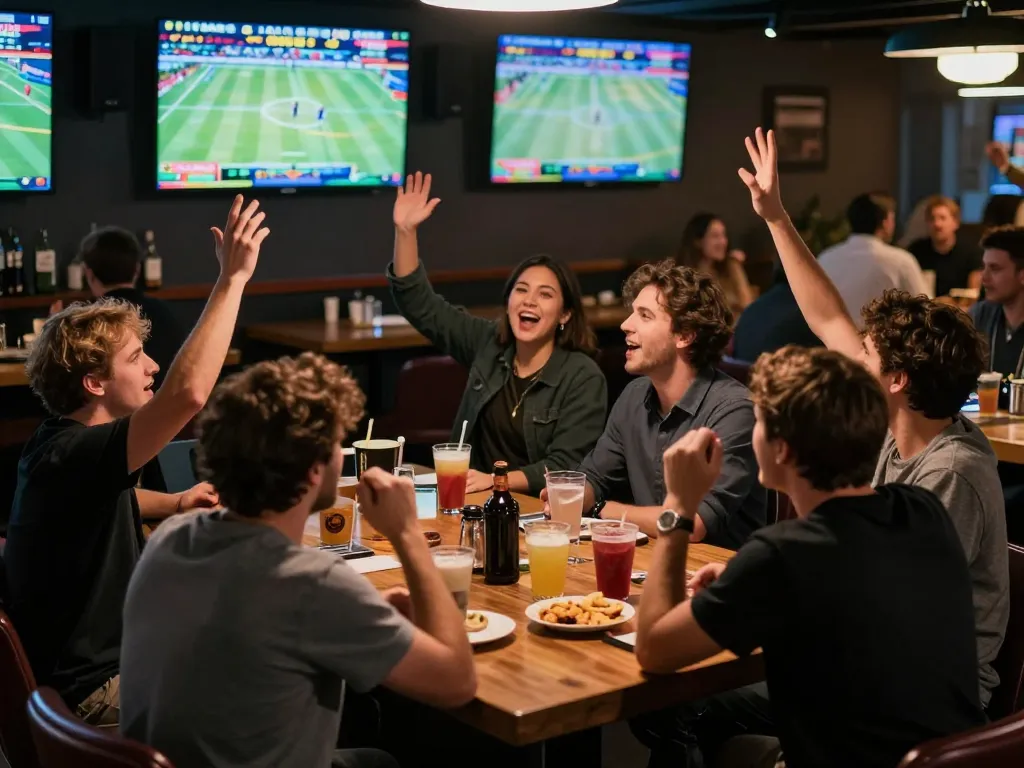 BET88 patrons celebrating winning bets in a lively sports betting bar environment