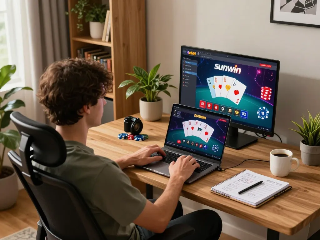 Engaging in online gaming on sunwin platform with a stylish home office setup, complete with poker chips, laptop, and cozy decor.
