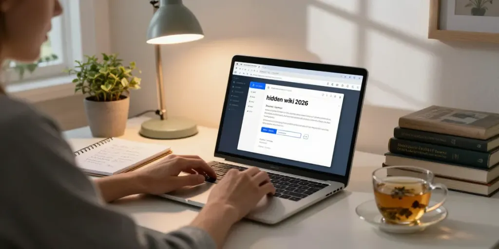 Person researching the hidden wiki 2026 in a cozy home office with a laptop, notes, and a cup of tea.