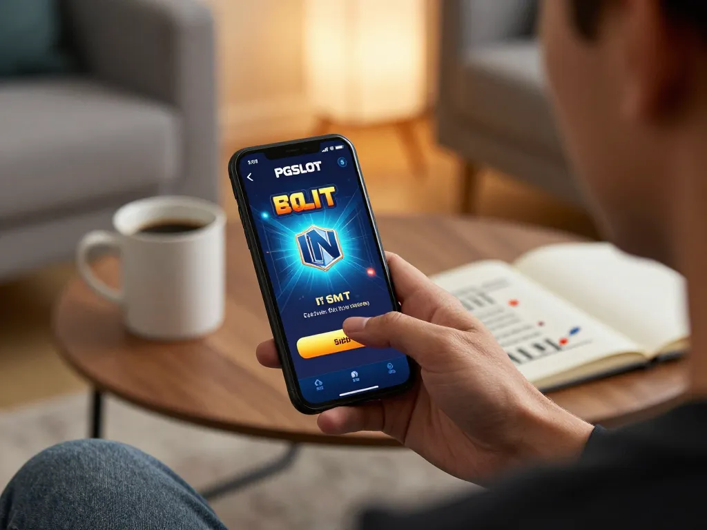 Player engaged with PGSLOT IN on smartphone, showcasing the exciting interface of online gambling.
