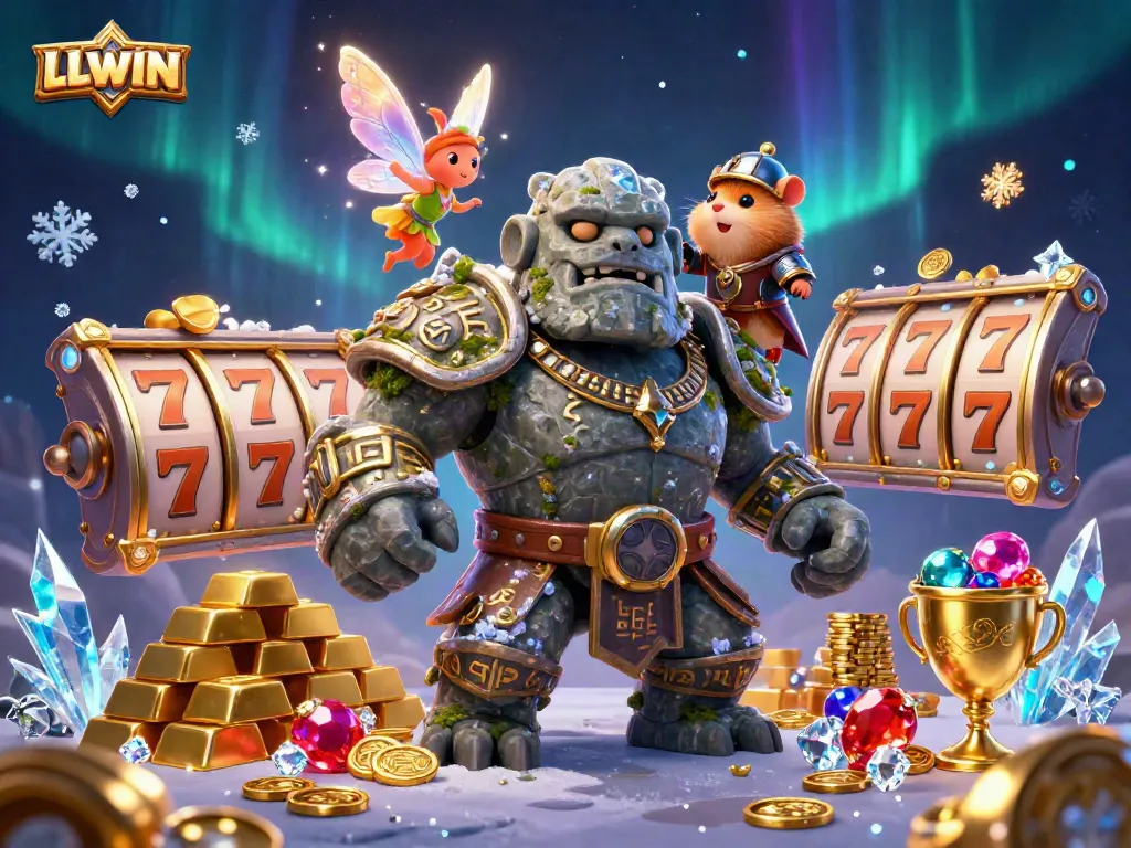 Experience the thrilling world of LLWIN with a dynamic casino scene featuring a 3D stone golem guardian and exciting gaming elements.