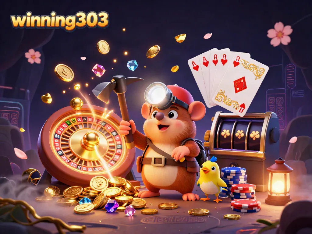 Winning303 engages players with vibrant slot games and thrilling casino visuals in a dynamic scene.
