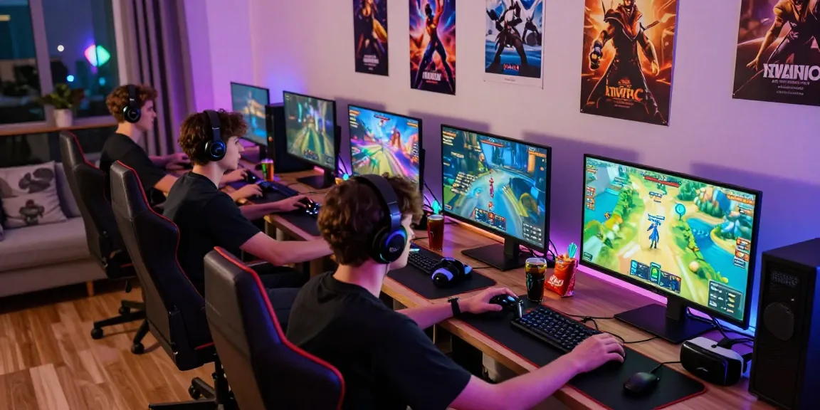 Engaged gamers at home showcasing their gaming setup on https://fau88.com/ with vibrant lights and snacks