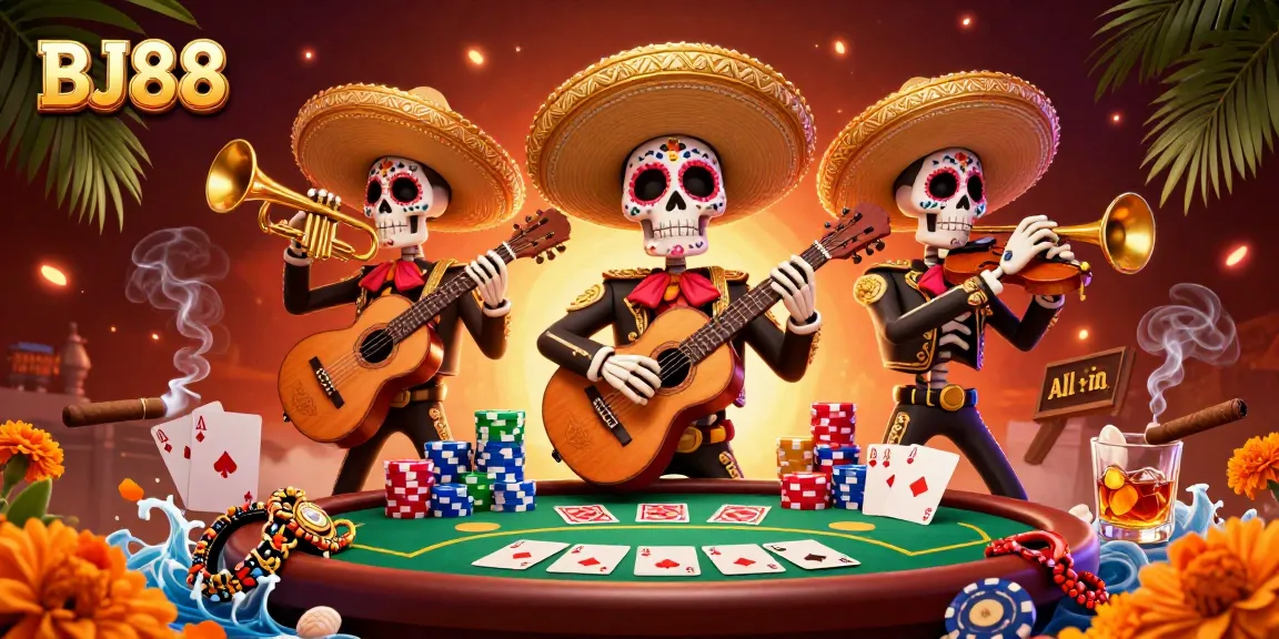 Experience excitement at BJ88 with vibrant mariachi skeletons at a poker table.