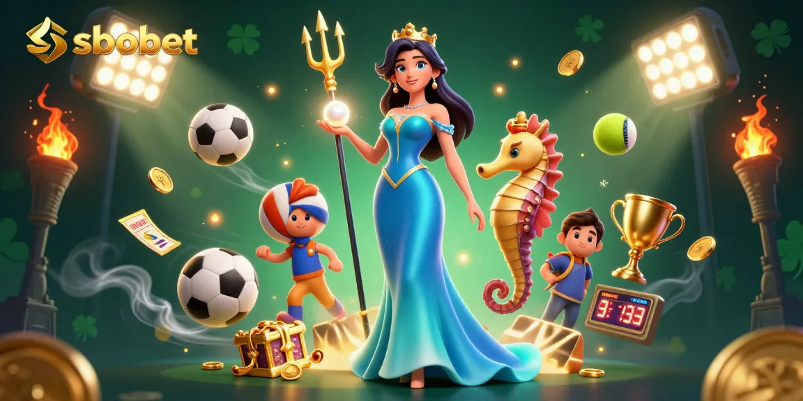 SBOBET sports betting illustrated with a gorgeous woman, a seahorse king, and dynamic sports elements.