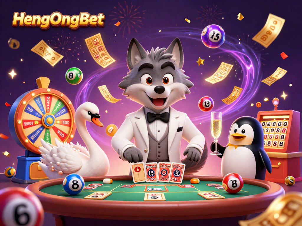 Experience the thrill of HengOngBet with a lively casino scene featuring dynamic characters and games.