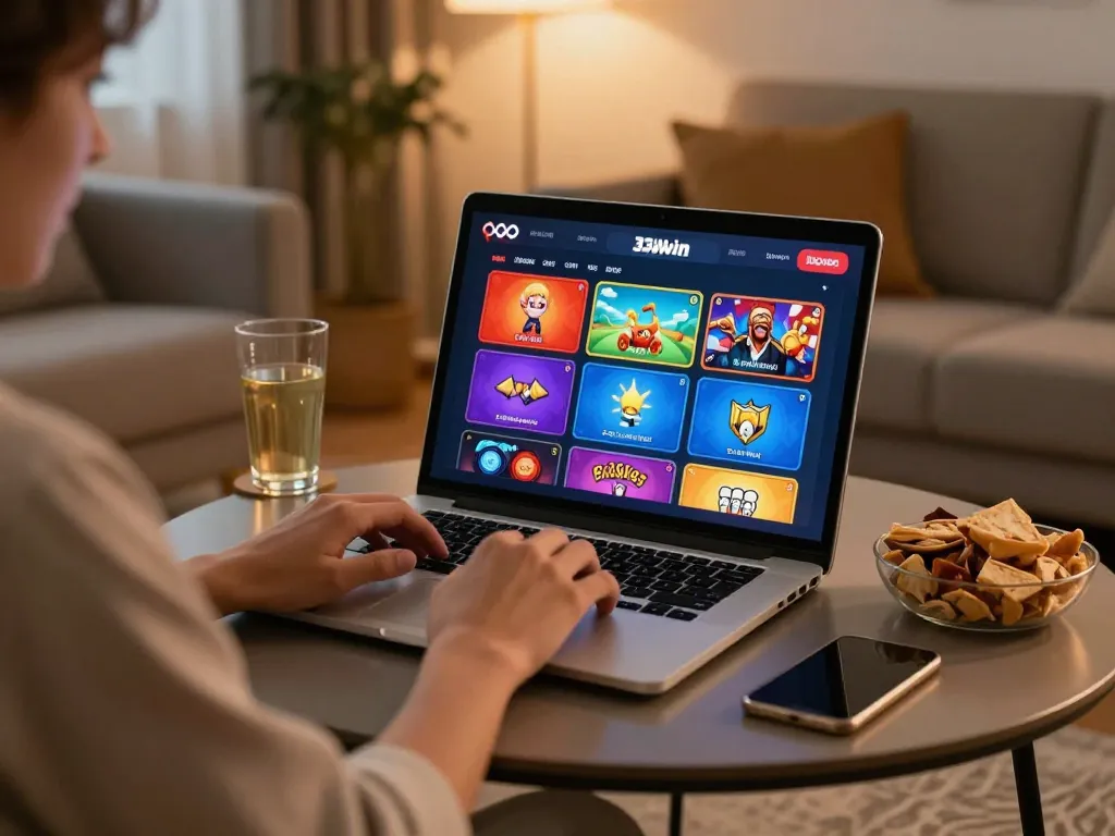 Player enjoying thrilling casino games on 33win platform from home, showcasing lively online gambling experience.