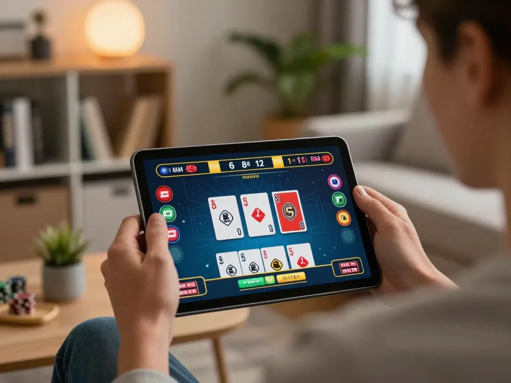 Experience KP88 online gaming as players engage intently with live dealer games on tablet in cozy setting