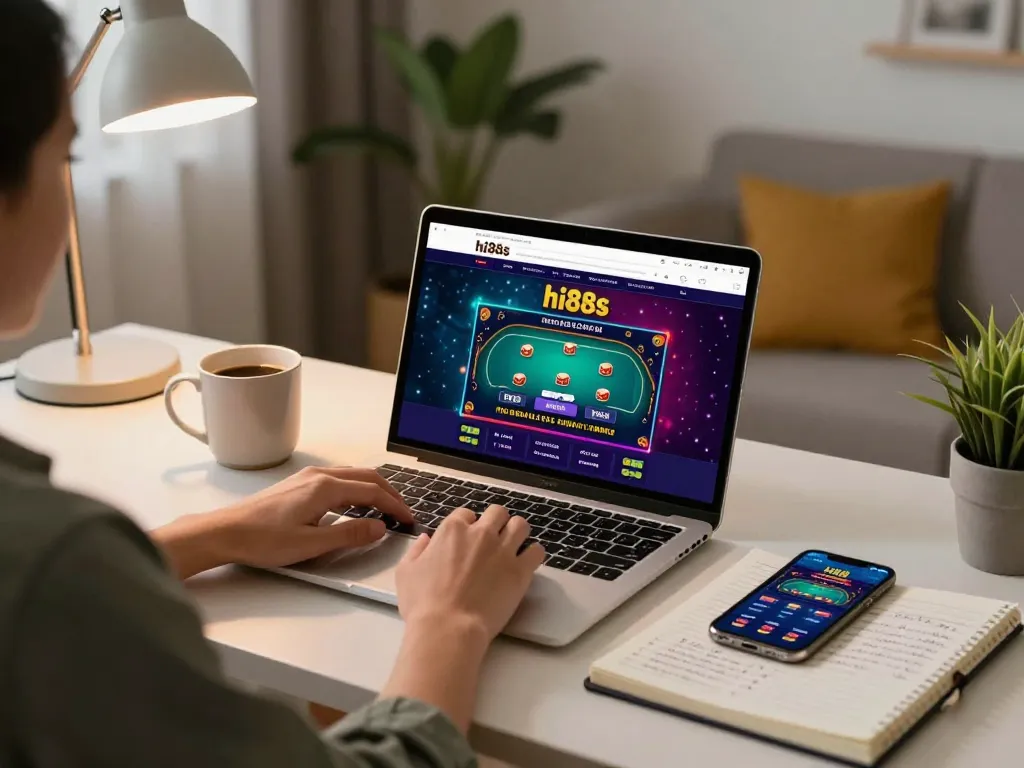 Engaging online gameplay on hi88s casino site displayed on a laptop with strategic notes