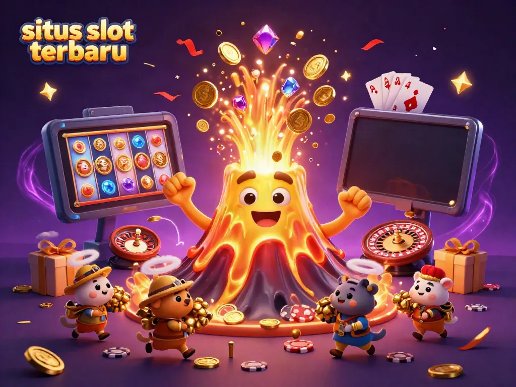 Gambaran situs slot terbaru yang menampilkan gunung berapi emas 3D dan hewan penjelajah membawa harta karun.