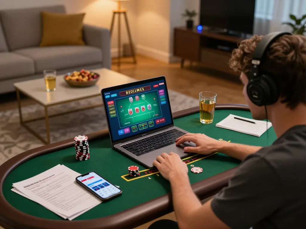 Player strategizing in a lively online casino scene with 99ok on the screen and engaged atmosphere.