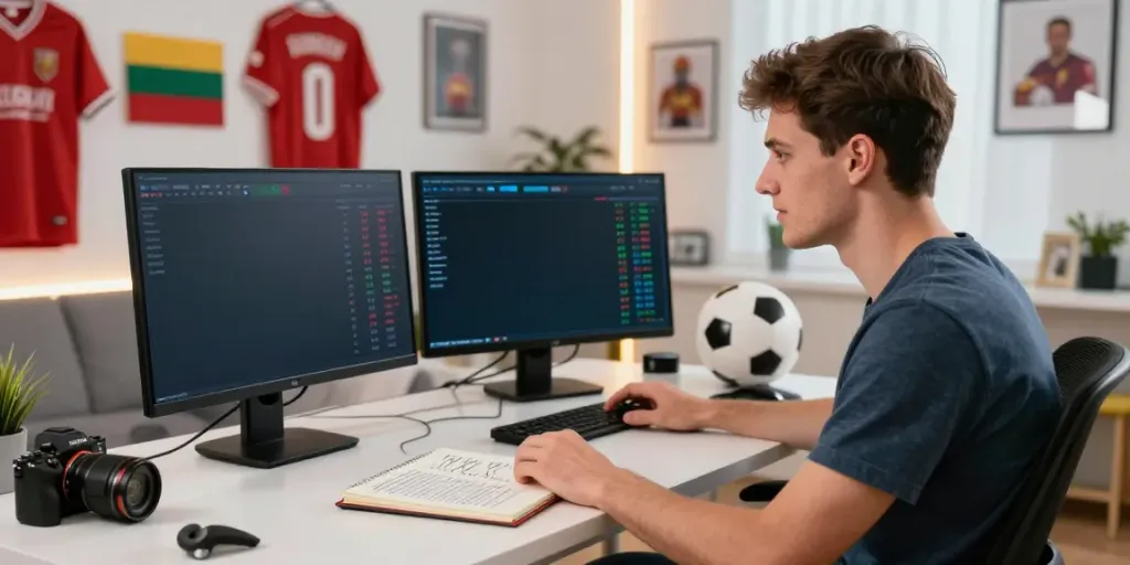 Analyzing licensed bookmakers Lithuania ranking in a vibrant sports betting office.