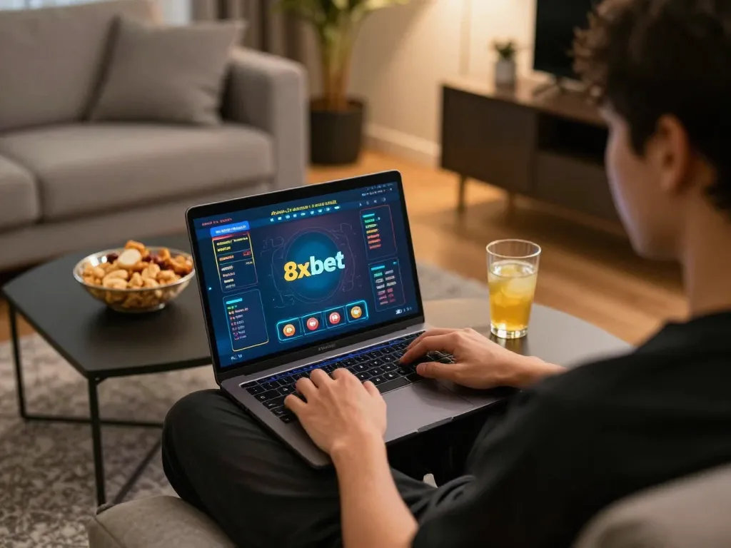 Engaging player strategizing on nhà cái 8xbet online platform in cozy home setting