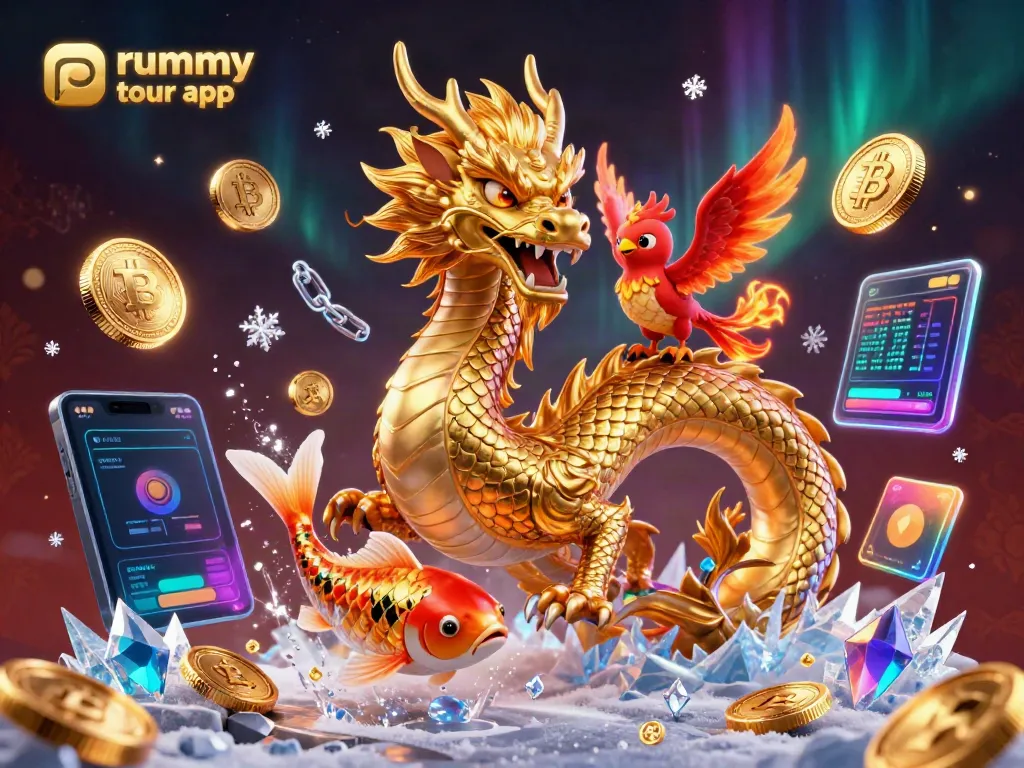 Aplikasi rummy tour app dengan naga emas dan ikan koi melompat, dikelilingi koin berkilau.