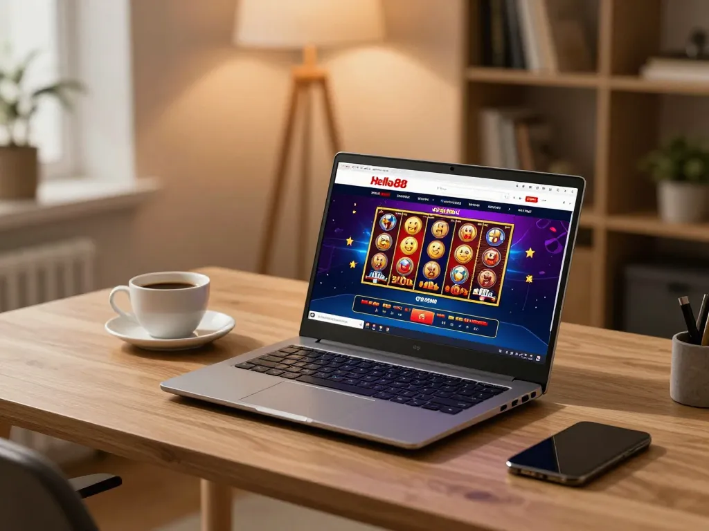 Hello88 online casino setup on a modern laptop in a cozy home office.