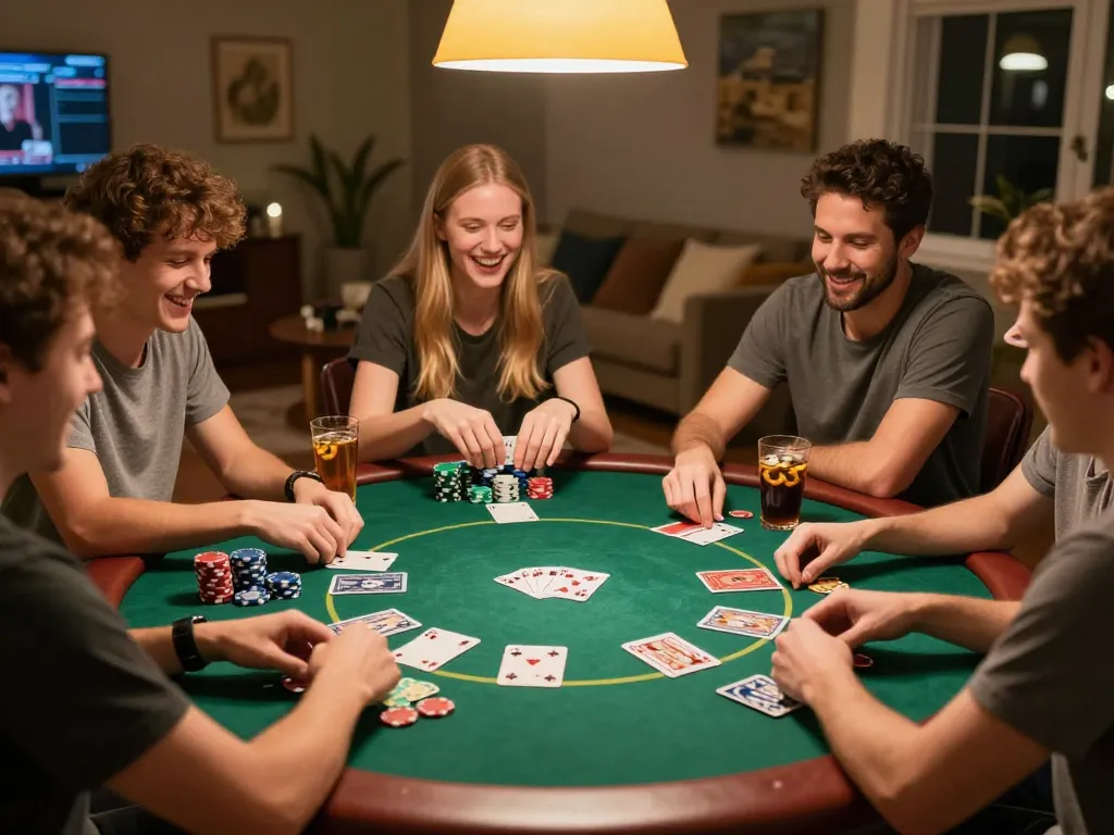 Players enjoying a Chatgpt caricature-themed poker night amidst laughter and competitive spirit.