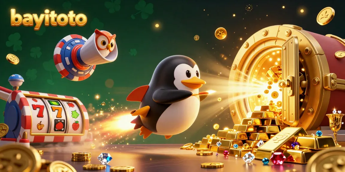 Experience the excitement of bayitoto with a vibrant casino-themed 3D illustration showcasing a golden penguin and treasure.
