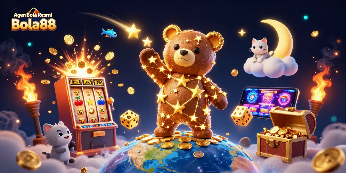 Agen Bola Resmi Bola88 offers thrilling jackpot chances with a dynamic 3D casino illustration featuring lucky symbols, coins, and starry characters.