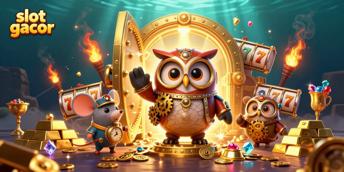 Experience slot gacor excitement with a steampunk owl and dynamic jackpot elements in this vibrant casino scene.
