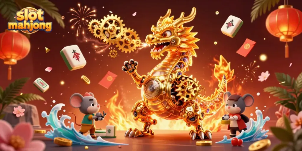 Experience thrilling slot mahjong action with a golden dragon and vibrant game elements illuminating the scene.