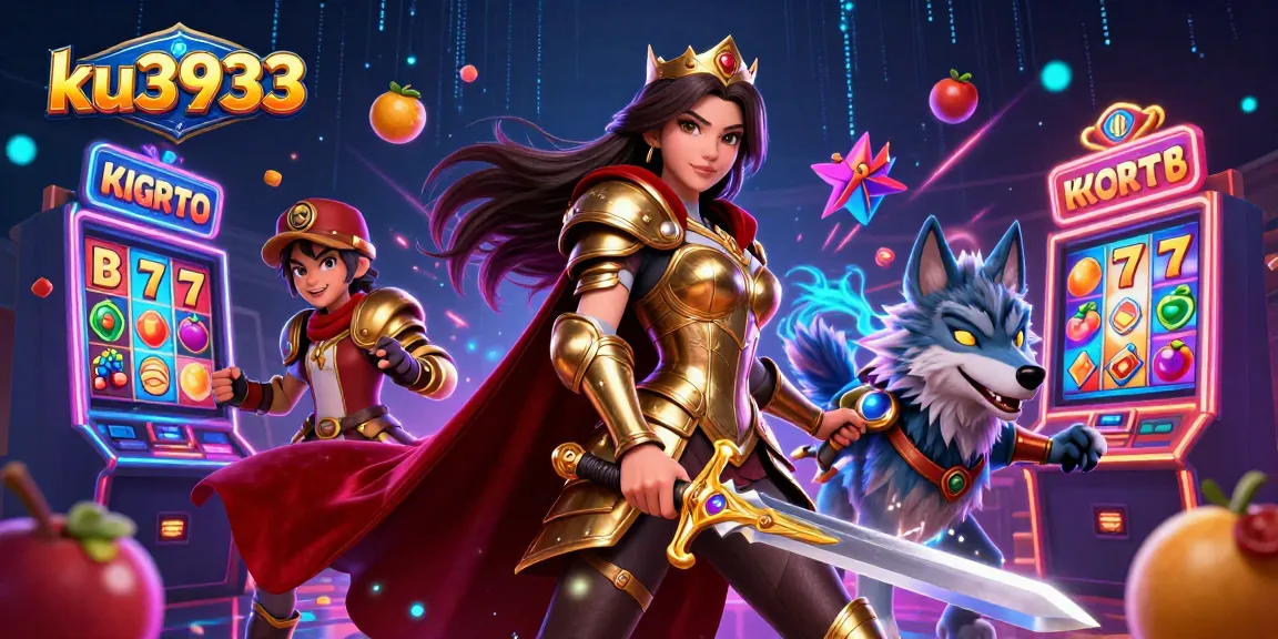 Engage with ku3933 in an action-packed scene featuring vibrant slot machines and an adventurous warrior queen.