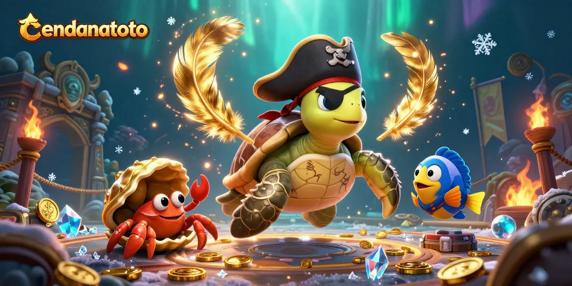 Cendanatoto pirate turtle navigating a colorful casino-themed underwater treasure trove