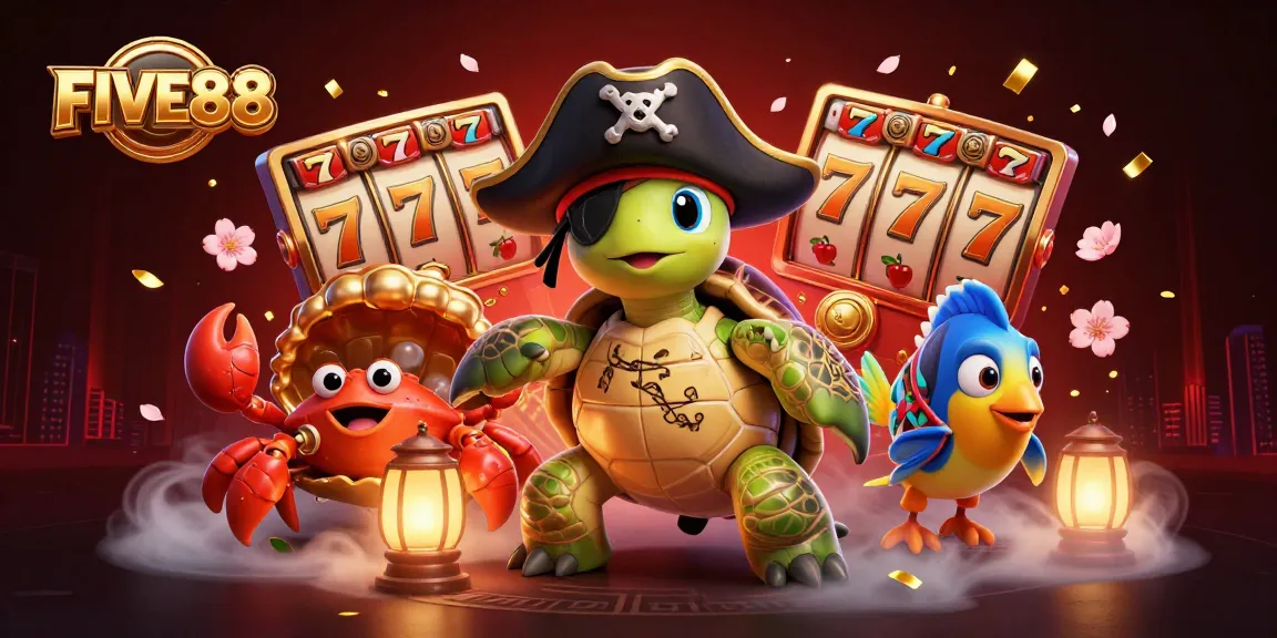 Experience thrilling slots at FIVE88 with a vibrant casino scene featuring colorful game elements.