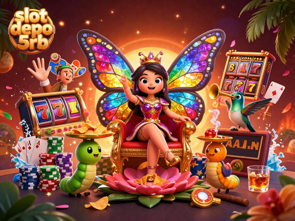 Experience the thrill of slot depo 5rb with a vibrant 3D casino scene featuring characters and gaming elements.