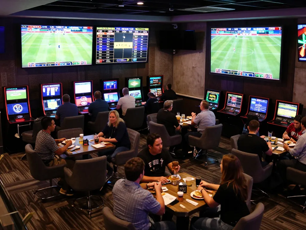 Soi kèo nhà cái displayed on screens in a vibrant sports betting lounge with engaged patrons.