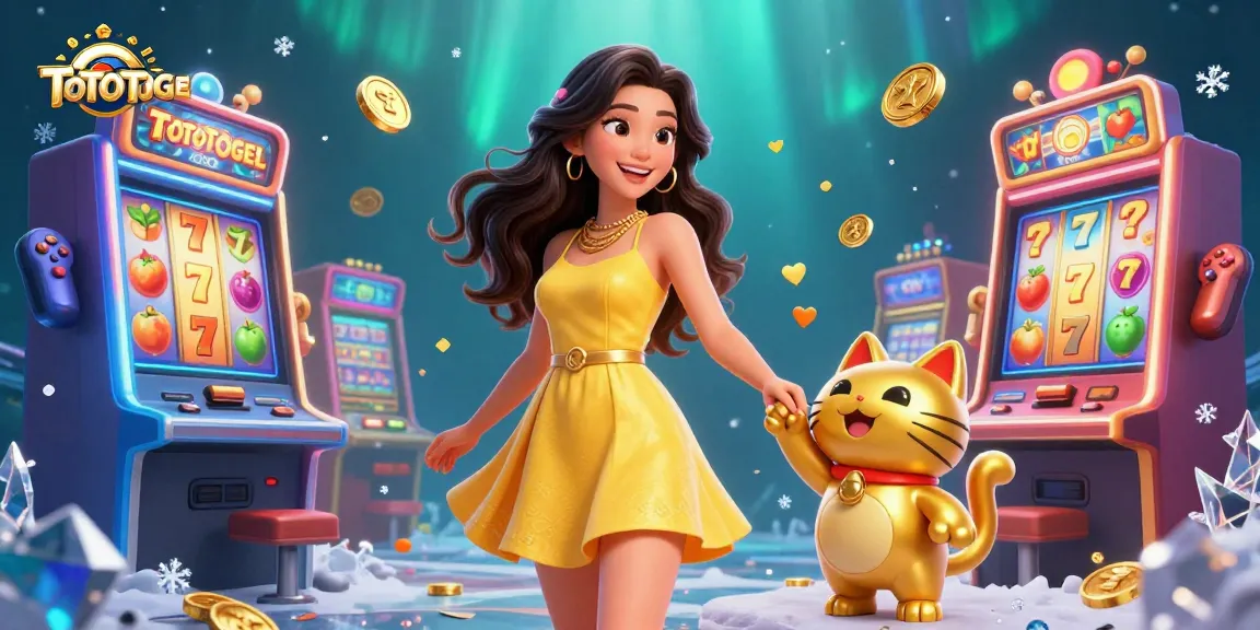 Engage with the dynamic fun of TOTOTOGEL celebrating with a cheerful woman and a lucky cat amidst slot machines.