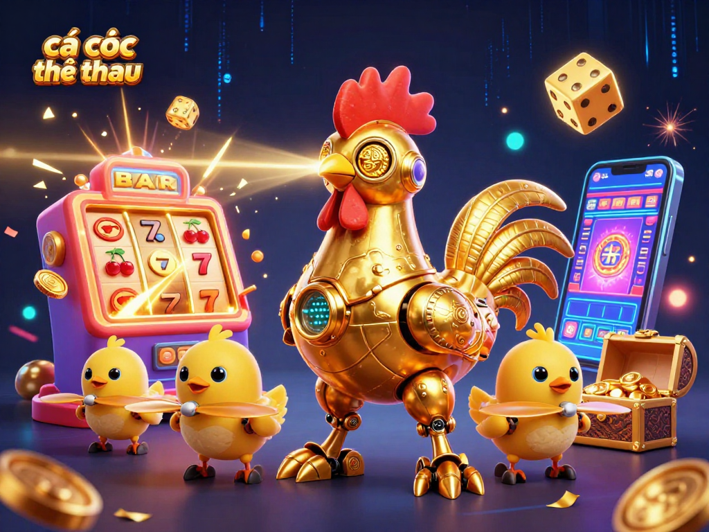 Cá cược thể thao với rooster robot vàng laser và slot machine chiến thắng lớn, mang lại trải nghiệm giải trí ấn tượng.