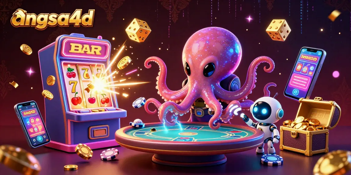 Engage with angsa4d's thrilling casino world through an alien octopus and robot at a poker table.