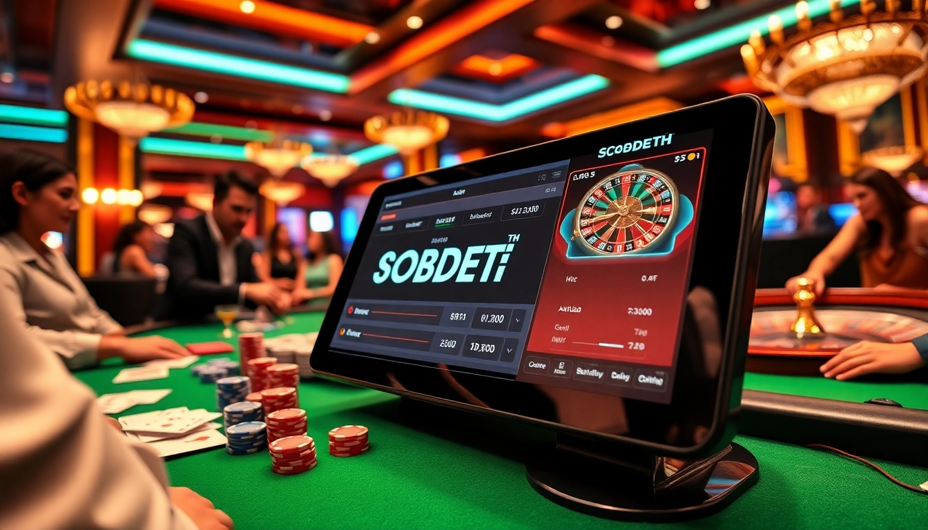 Engaging sbobet link betting scene showcasing vibrant casino elements and excited players