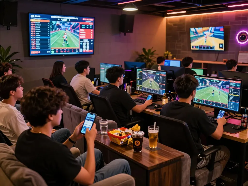 Live esports betting excitement at KP88, featuring fans engaging through smartphones and multiple screens.