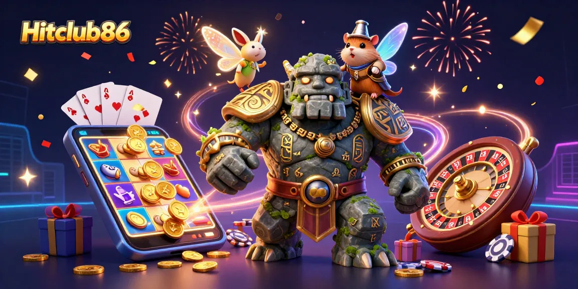 Engage with Hitclub86’s vibrant casino illustration featuring a stone golem, fairy, and hamster knight amidst exciting gaming elements.