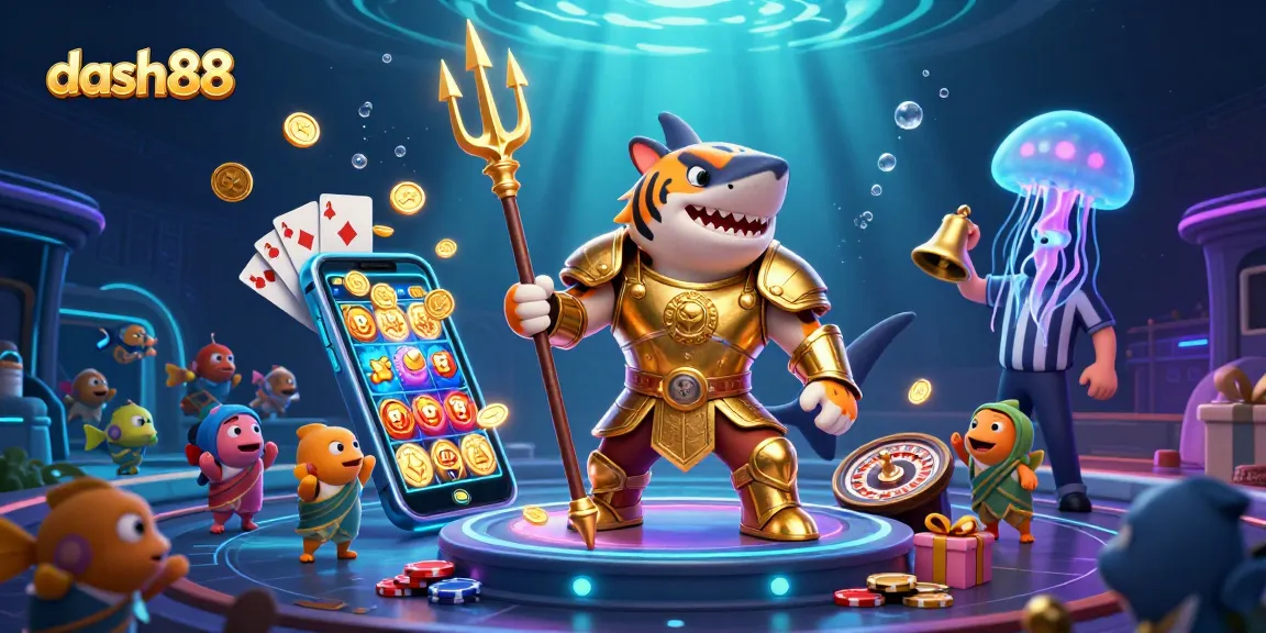 Experience the exciting world of dash88 with a vibrant underwater casino scene featuring a tiger shark and gaming elements.