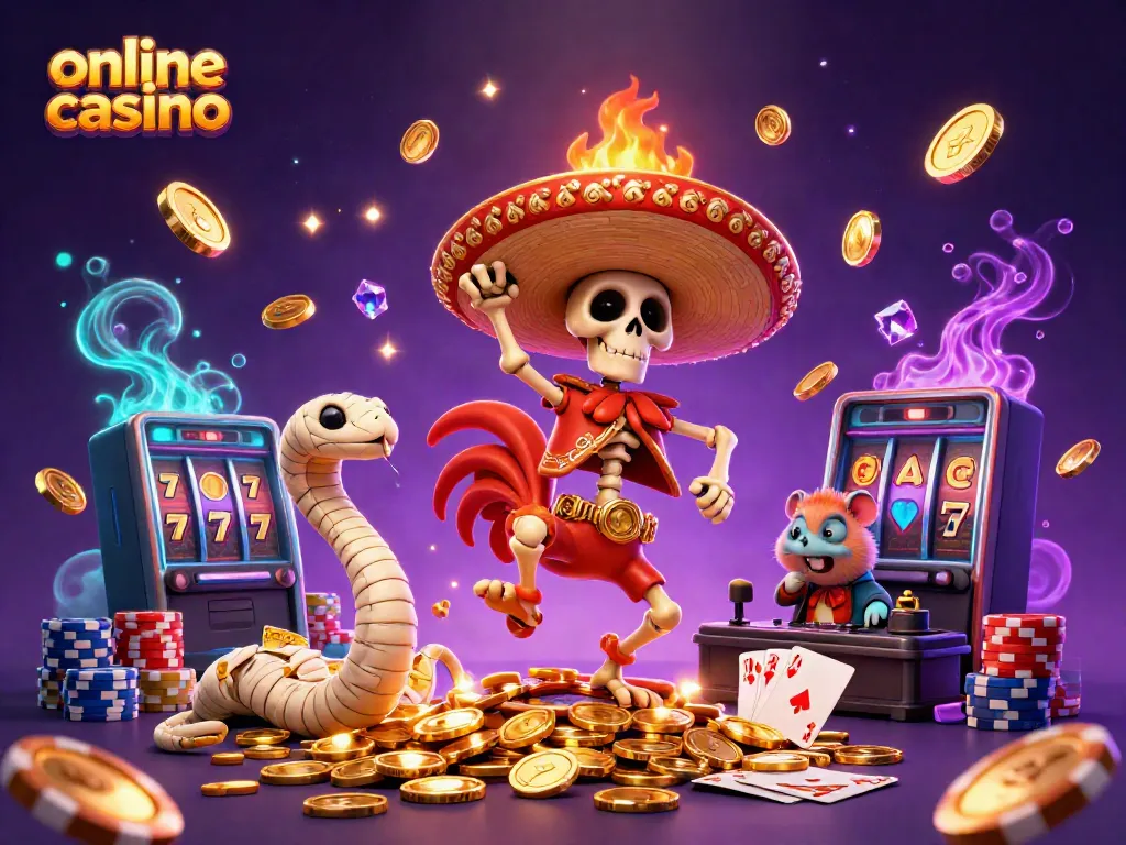 Experience the thrill at an online casino with vibrant characters and iconic gaming elements.