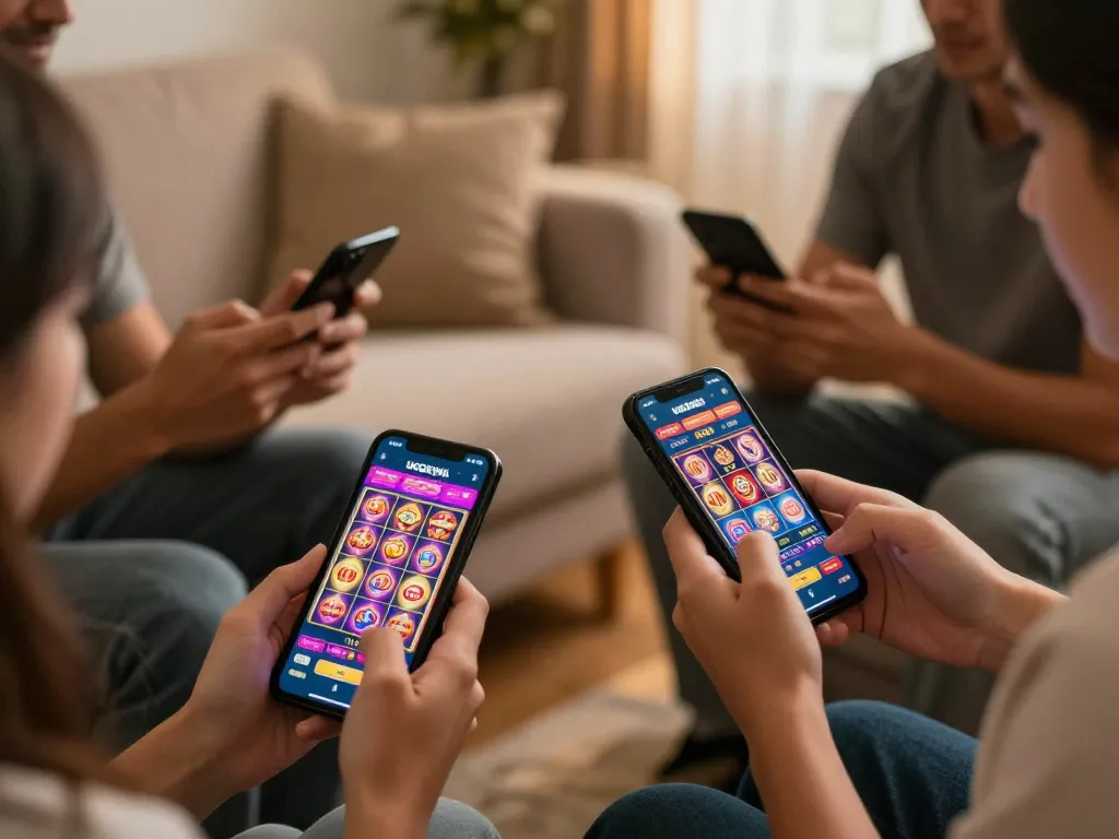 Engaged players using the UGDEWA app for online casino gaming with vibrant slot visuals