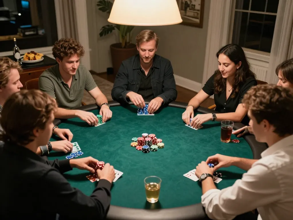 Enjoying exciting ดูหนังออนไลน์ while playing a friendly poker game at home