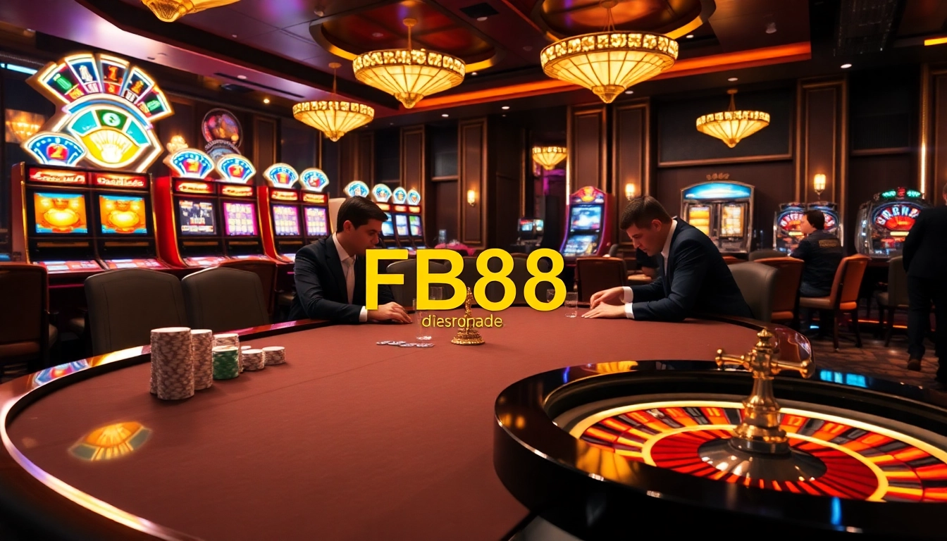 Engaged players at FB68 poker table in a luxurious casino setting with vibrant slot machines.