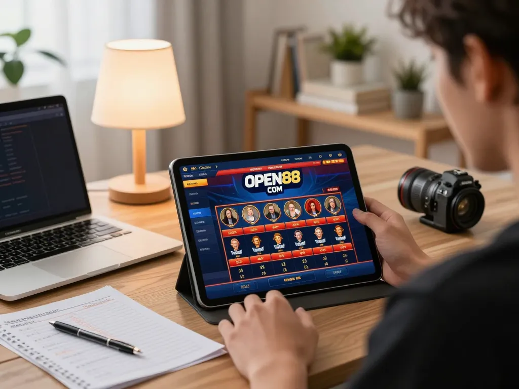 Gambler engaging with OPEN88 COM casino app on tablet in a cozy home setting, emphasizing responsible gaming.