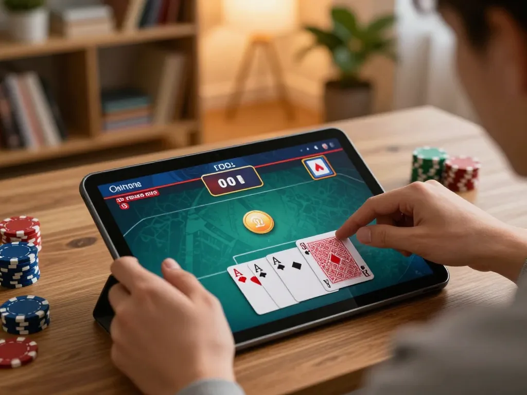 hz88 engaging in online poker gameplay at home, showcasing a cozy environment and strategic gambling.