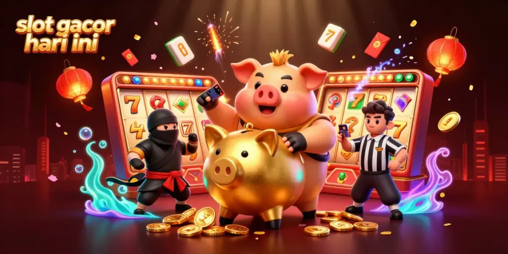 Gambarkan slot gacor hari ini dengan ilustrasi kartun 3D, bank piggy emas, ninja dompet, dan wasit samurai.