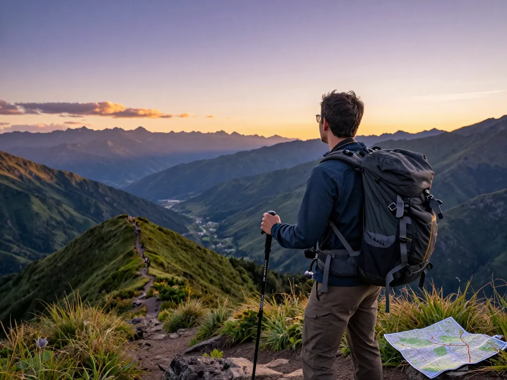 Traveler enjoying a stunning sunset view at a mountain peak with a backpack and camera, highlighting outdoor adventure on a 789P journey.