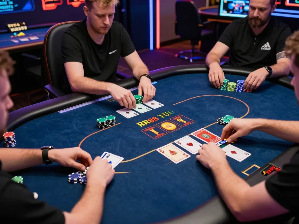 Players engaging in a thrilling online poker game at RR88 NAVY, showcasing strategy and excitement.