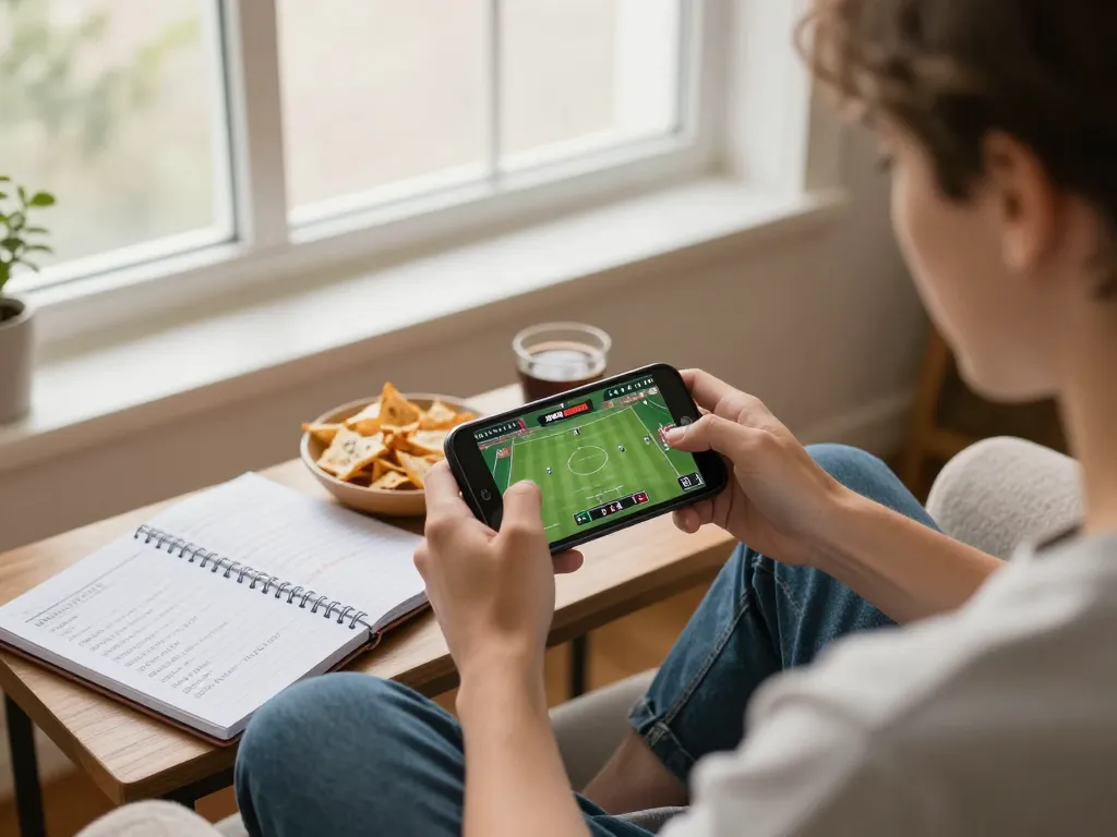 Bong88 player reviewing strategies while gambling on a mobile app in a cozy home setting.